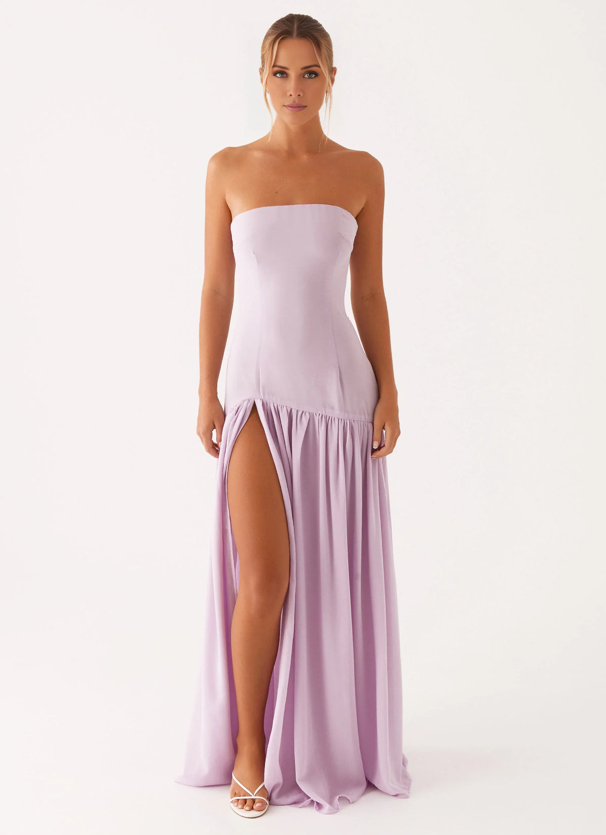 Lavender Chiffon A-Line Floor-Length Bridesmaid Dress with Straight Neck and High Slit