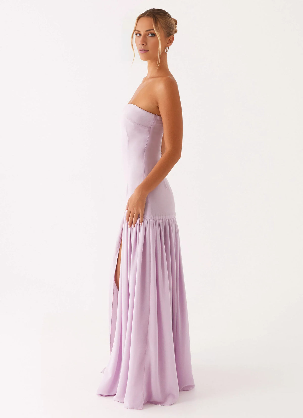 Lavender Chiffon A-Line Floor-Length Bridesmaid Dress with Straight Neck and High Slit