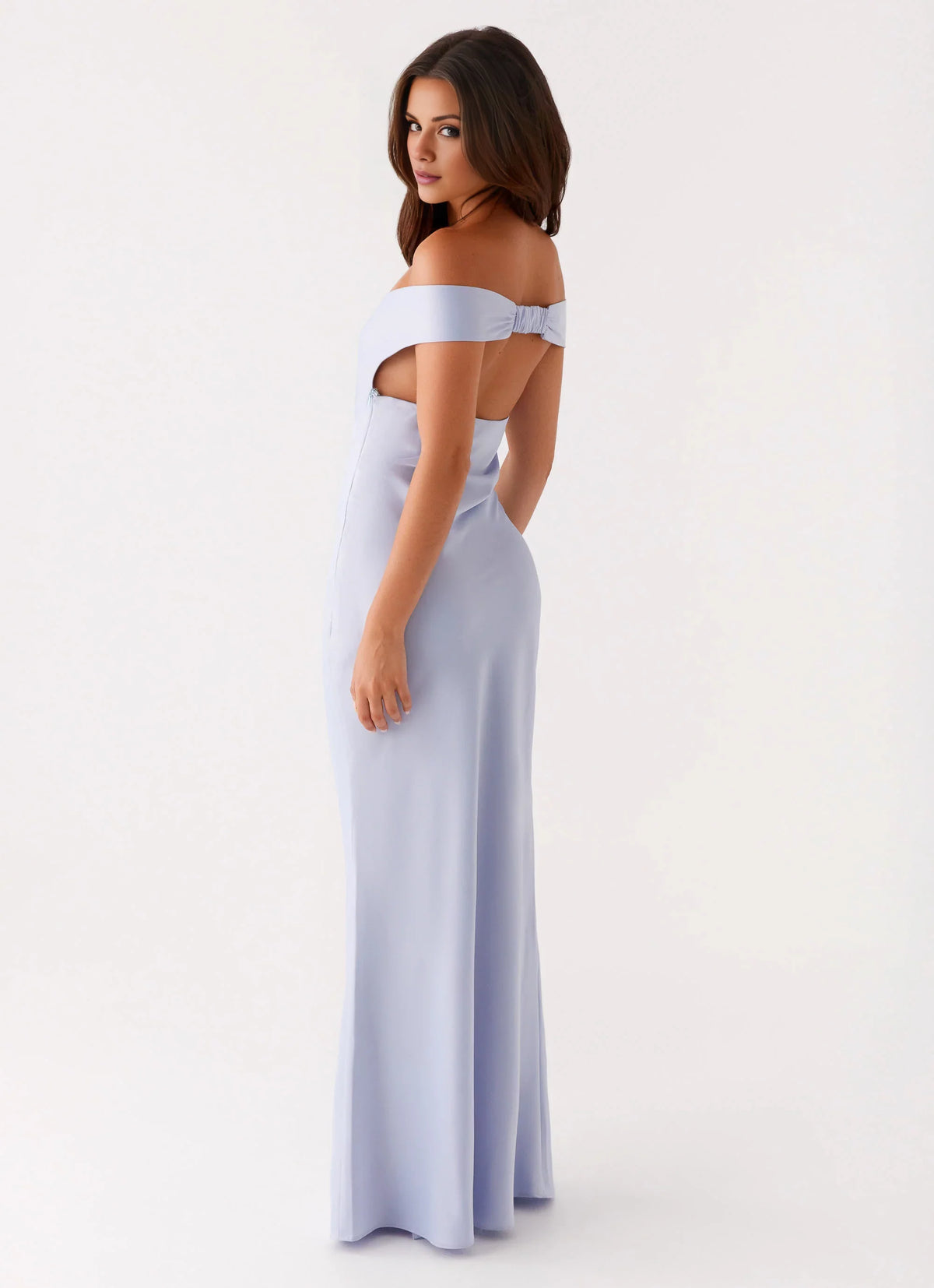 Lavender Satin Off-the-Shoulder Sheath Floor-Length Bridesmaid Dress with Gathered Bust