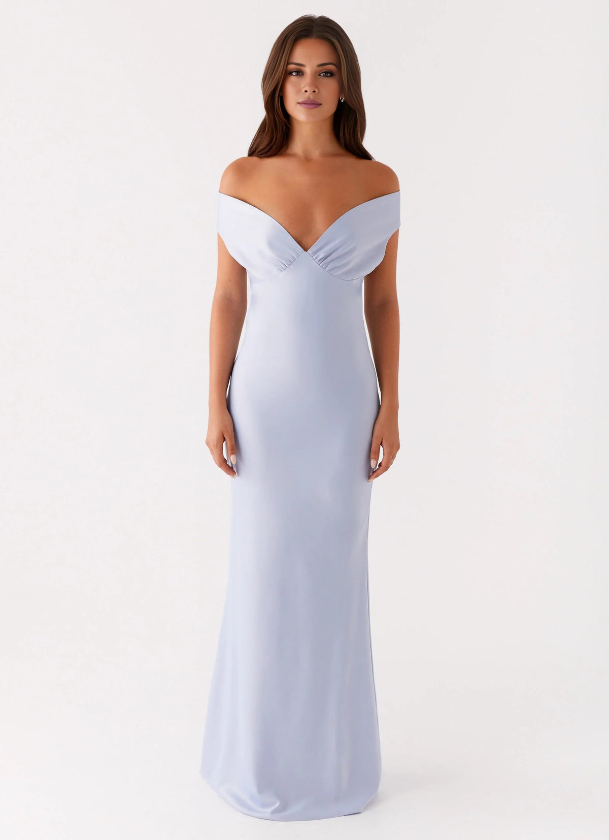 Lavender Satin Off-the-Shoulder Sheath Floor-Length Bridesmaid Dress with Gathered Bust