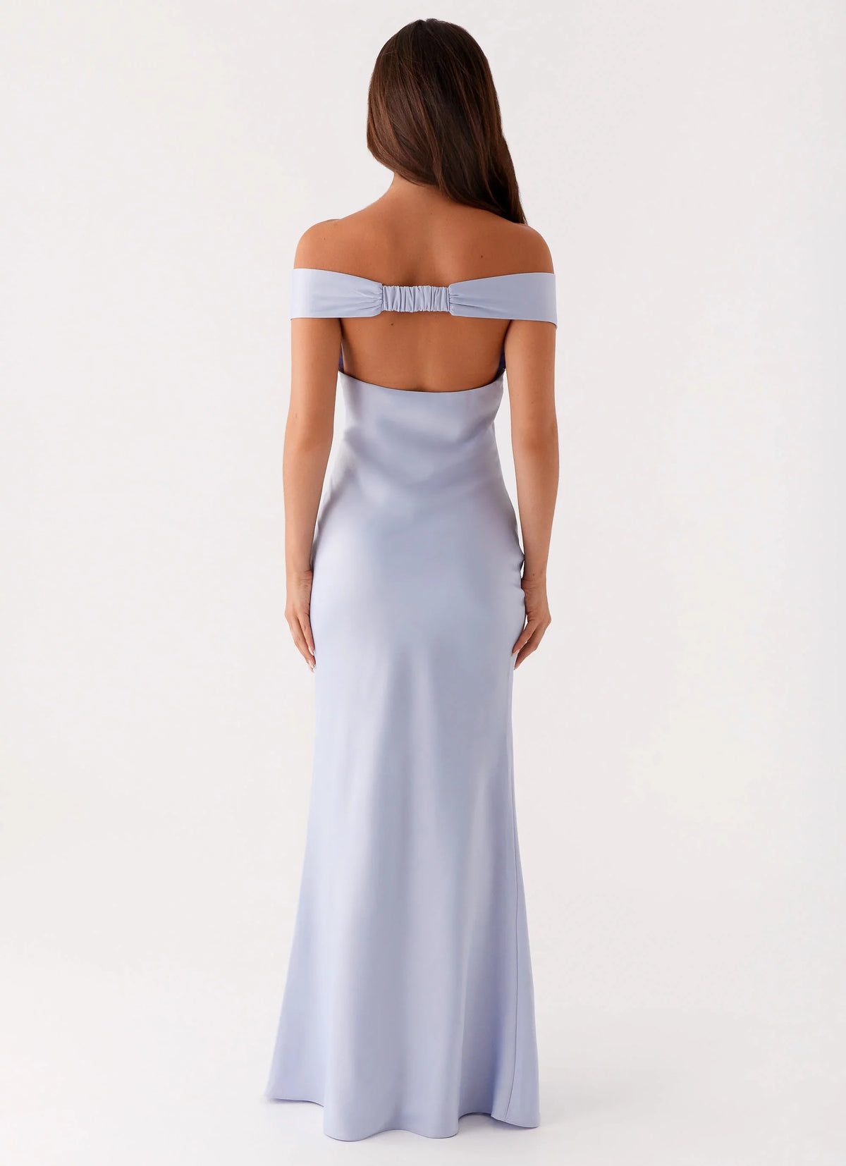 Lavender Satin Off-the-Shoulder Sheath Floor-Length Bridesmaid Dress with Gathered Bust