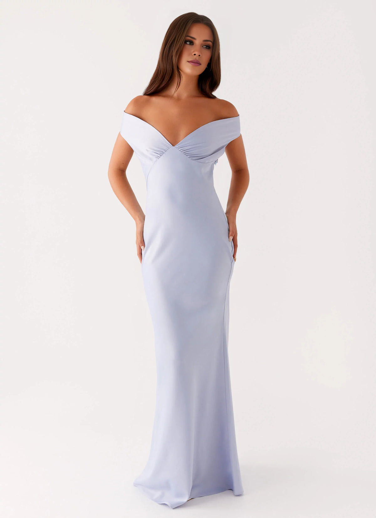 Lavender Satin Off-the-Shoulder Sheath Floor-Length Bridesmaid Dress with Gathered Bust