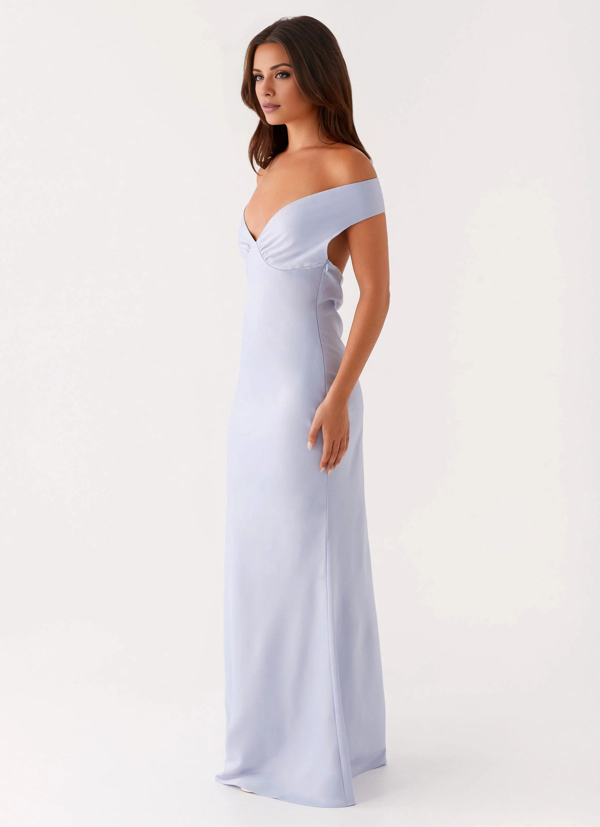 Lavender Satin Off-the-Shoulder Sheath Floor-Length Bridesmaid Dress with Gathered Bust