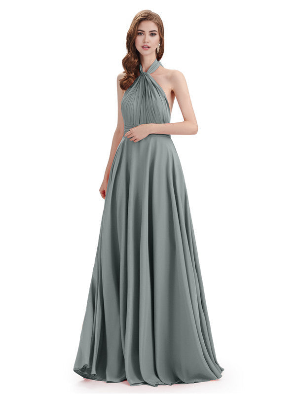 Simple A-Line High Neck Halter Sleeveless Pleats Chiffon Floor Length Bridesmaid Dresses