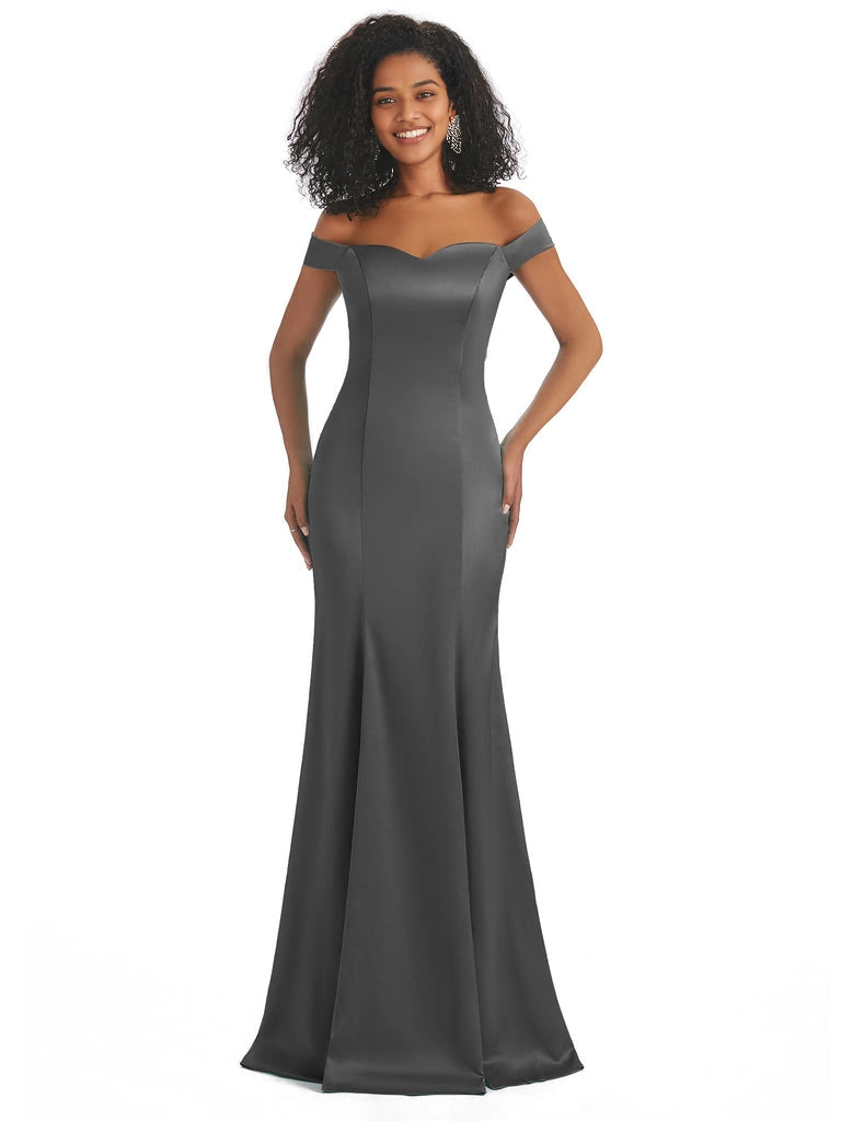 Vestidos de dama de honor largos, sencillos, de satén suave, sin mangas y con hombros descubiertos, de corte sirena