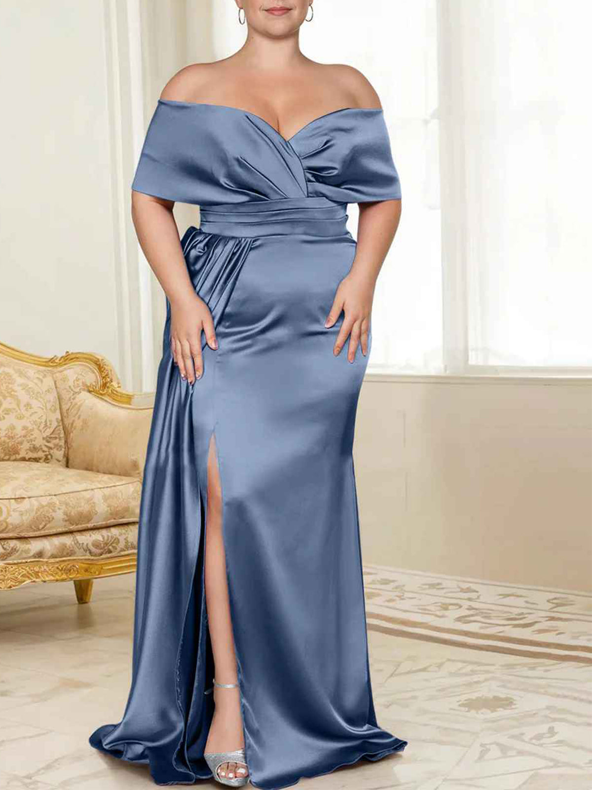 Wisteria Satin Off-the-Shoulder Floor-Length Bridesmaid & Wedding Guest Dress