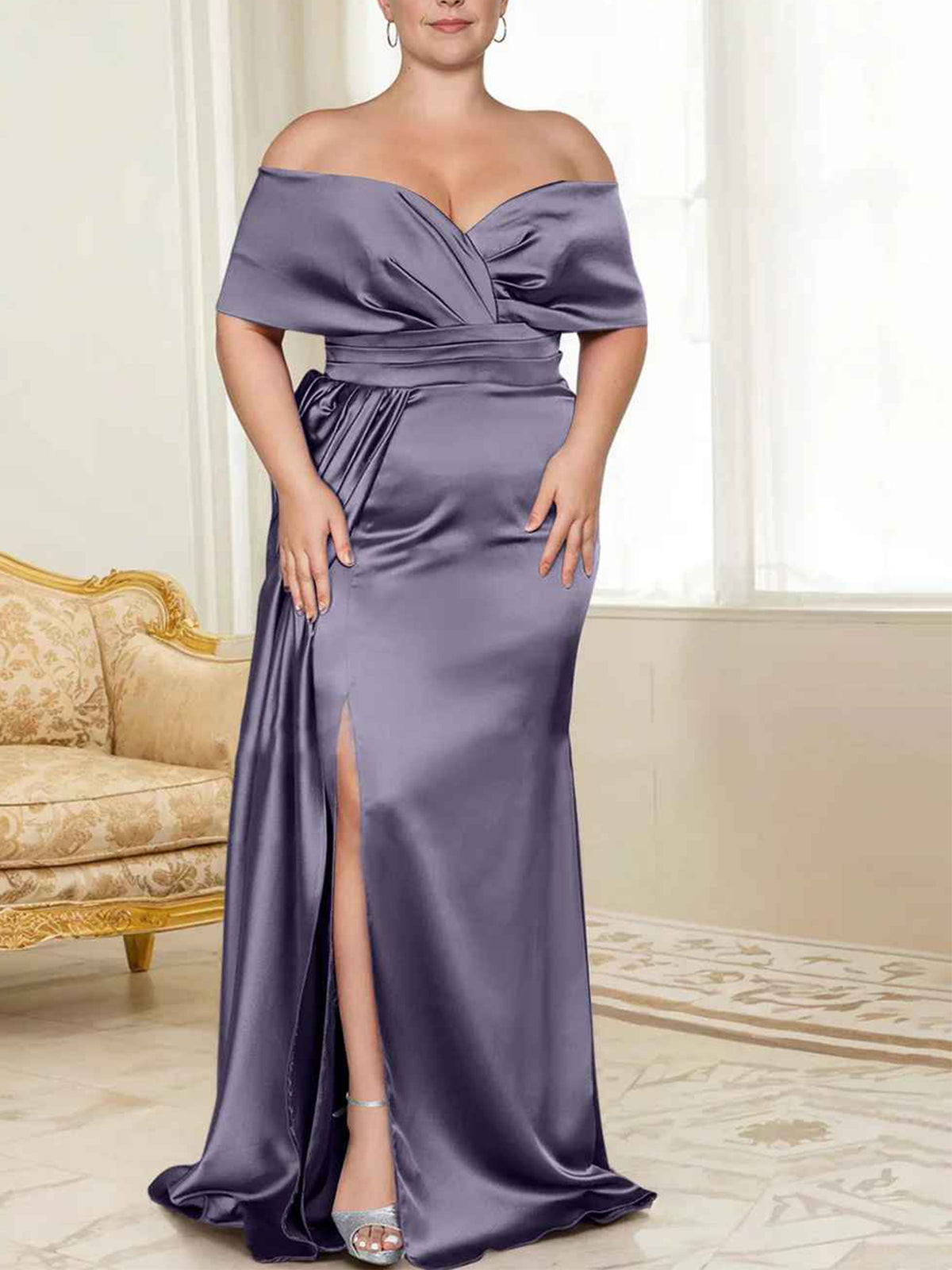 Wisteria Satin Off-the-Shoulder Floor-Length Bridesmaid & Wedding Guest Dress