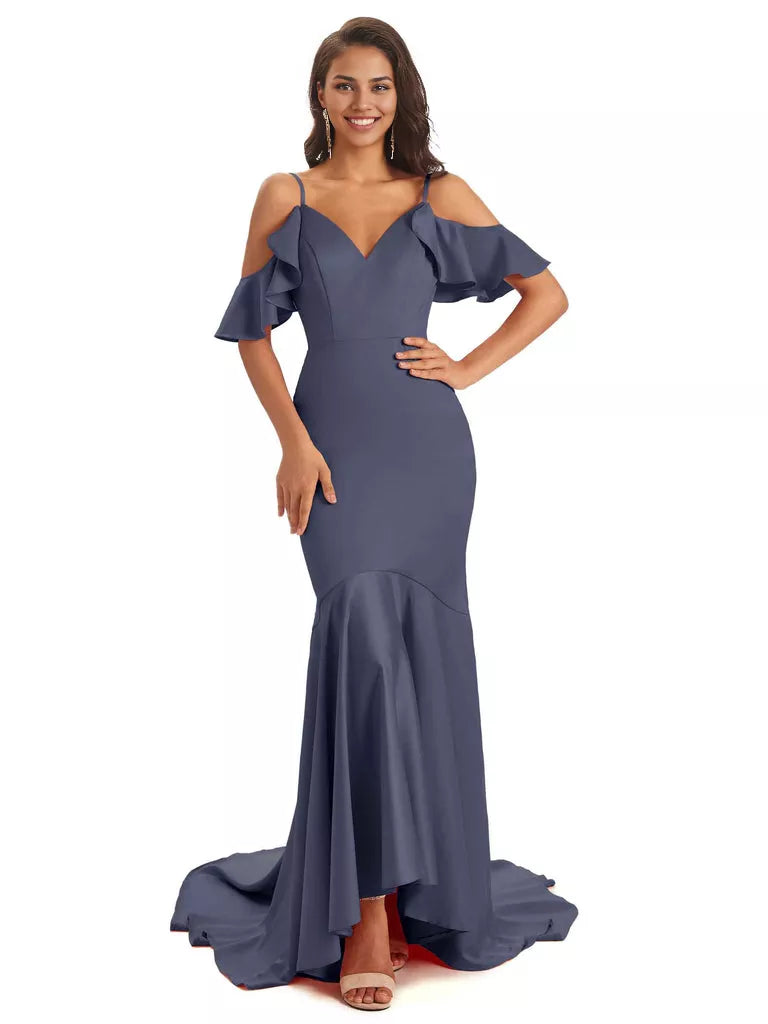 Soft Satin Asymmetric Spaghetti Straps Sleeveless Mermaid Cold Shoulder Bridesmaid Dresses