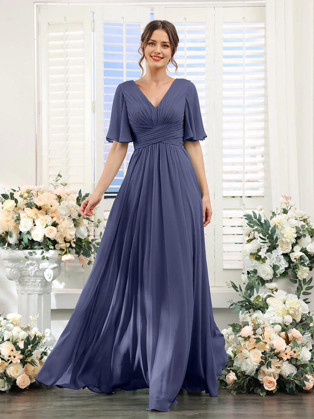 Vestido de dama de honor con escote en A y escote en V, ideal para invitadas a la boda, vestido de fiesta formal de gasa larga con abertura.