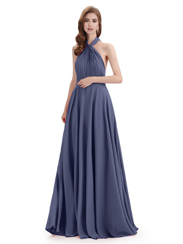 Simple A-Line High Neck Halter Sleeveless Pleats Chiffon Floor Length Bridesmaid Dresses
