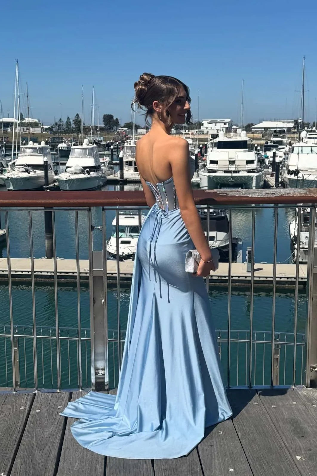 Satin Corset Prom Dresses Beaded Strapless High Slit Train Formal Evening Gown