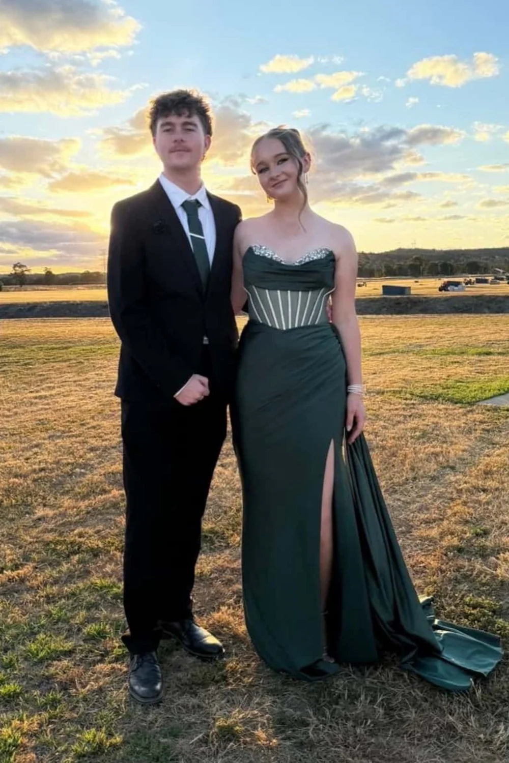 Satin Corset Prom Dresses Beaded Strapless High Slit Train Formal Evening Gown