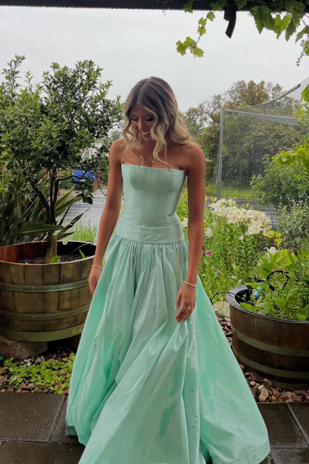 Mint Green Satin A-Line Floor-Length Evening Dress | Strapless Boned Bodice