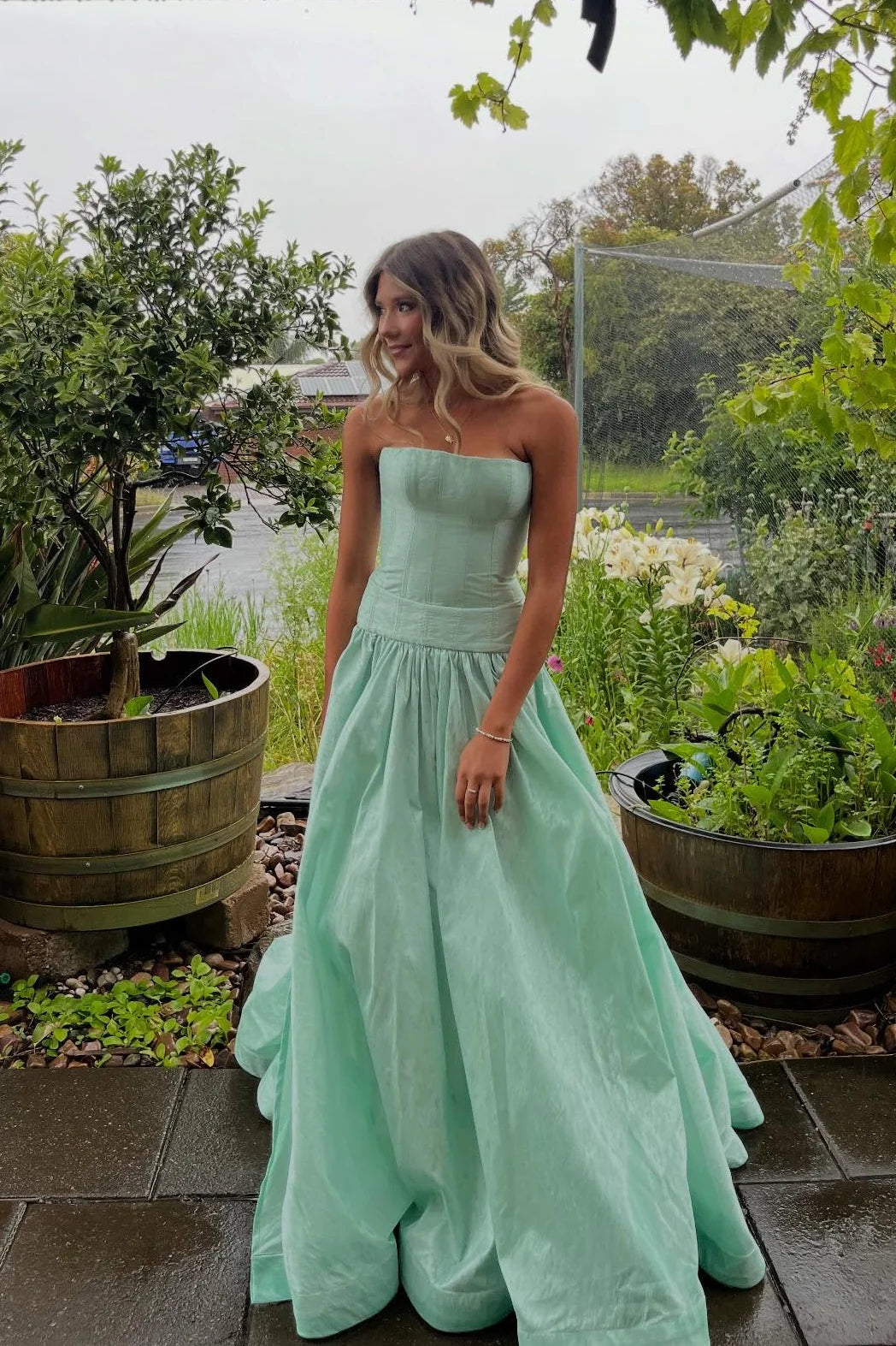 Mint Green Satin A-Line Floor-Length Evening Dress | Strapless Boned Bodice