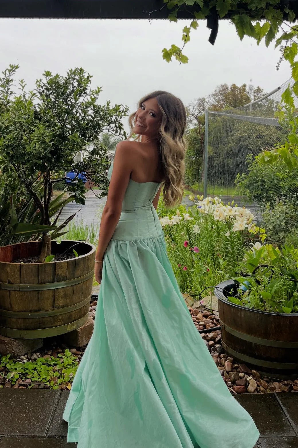 Mint Green Satin A-Line Floor-Length Evening Dress | Strapless Boned Bodice