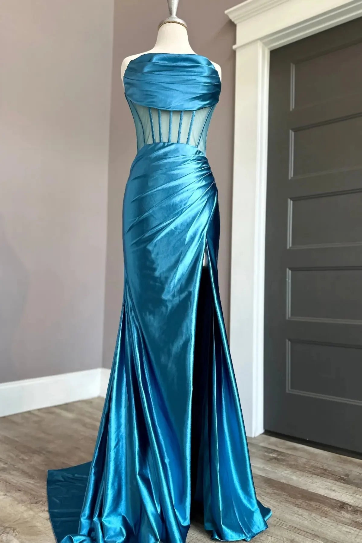 Strapless Cowl Neck Mesh Corset Satin Mermaid Slit Floor-Length Evening Dress