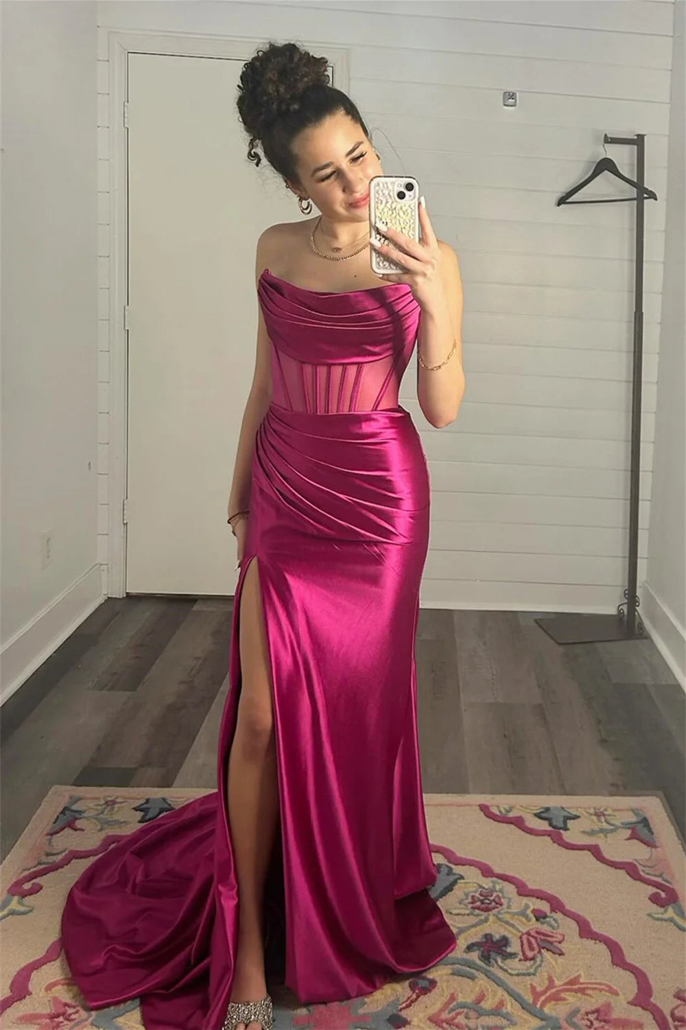 Strapless Cowl Neck Mesh Corset Satin Mermaid Slit Floor-Length Evening Dress