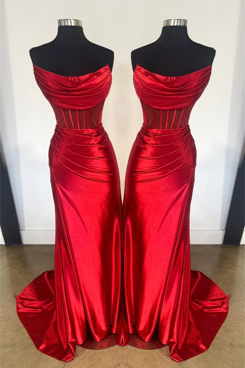 Strapless Cowl Neck Mesh Corset Satin Mermaid Slit Floor-Length Evening Dress