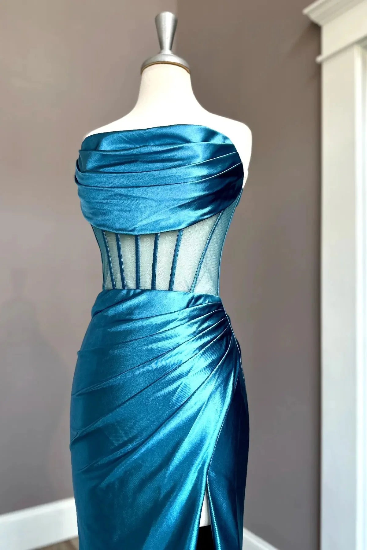 Strapless Cowl Neck Mesh Corset Satin Mermaid Slit Floor-Length Evening Dress