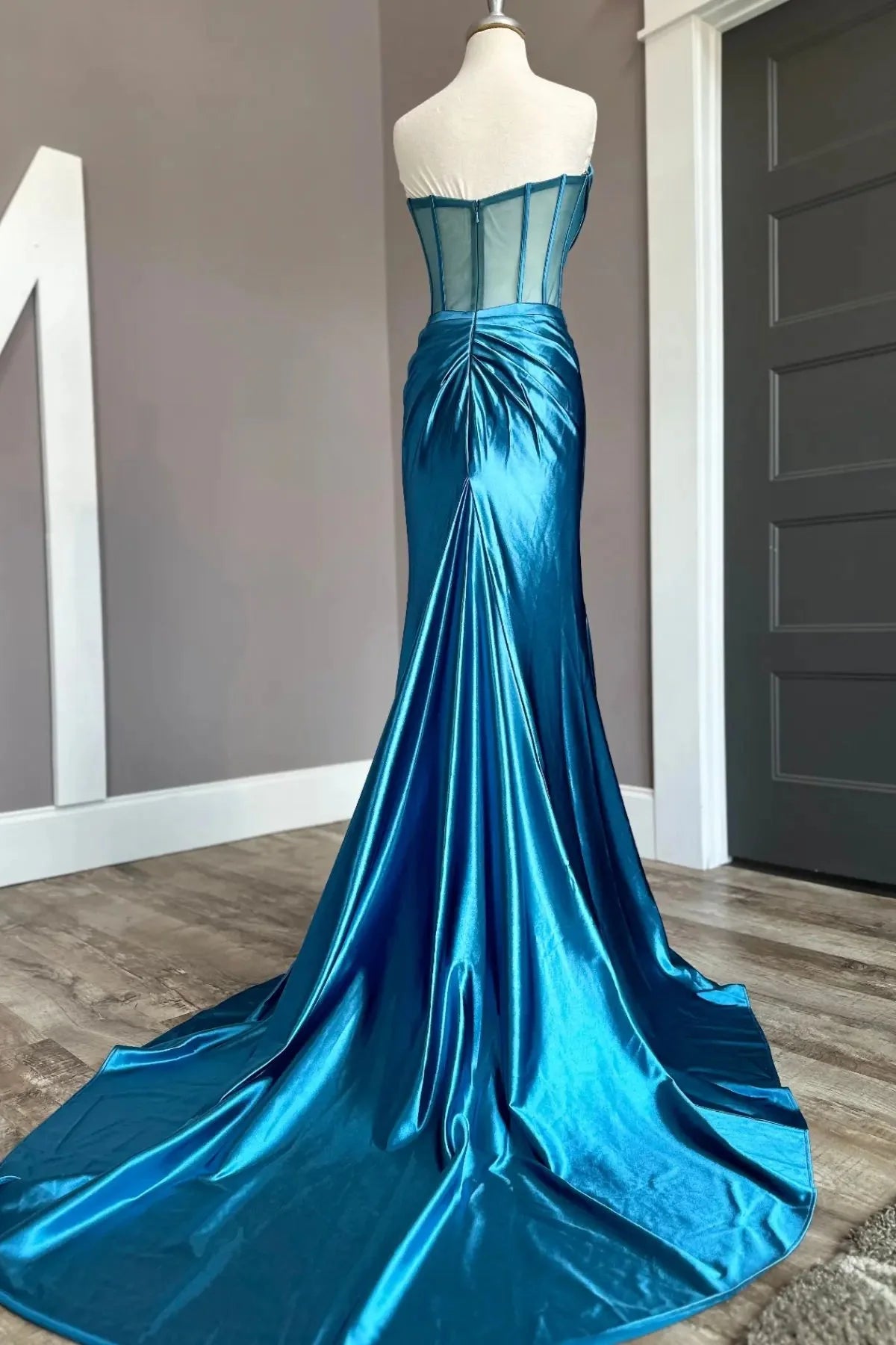 Strapless Cowl Neck Mesh Corset Satin Mermaid Slit Floor-Length Evening Dress