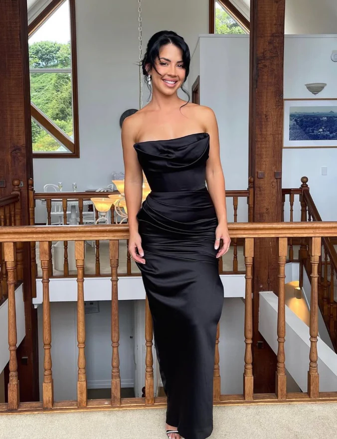 Strapless Cowl Neck Ruched Satin Bodycon Floor-Length Evening Dress