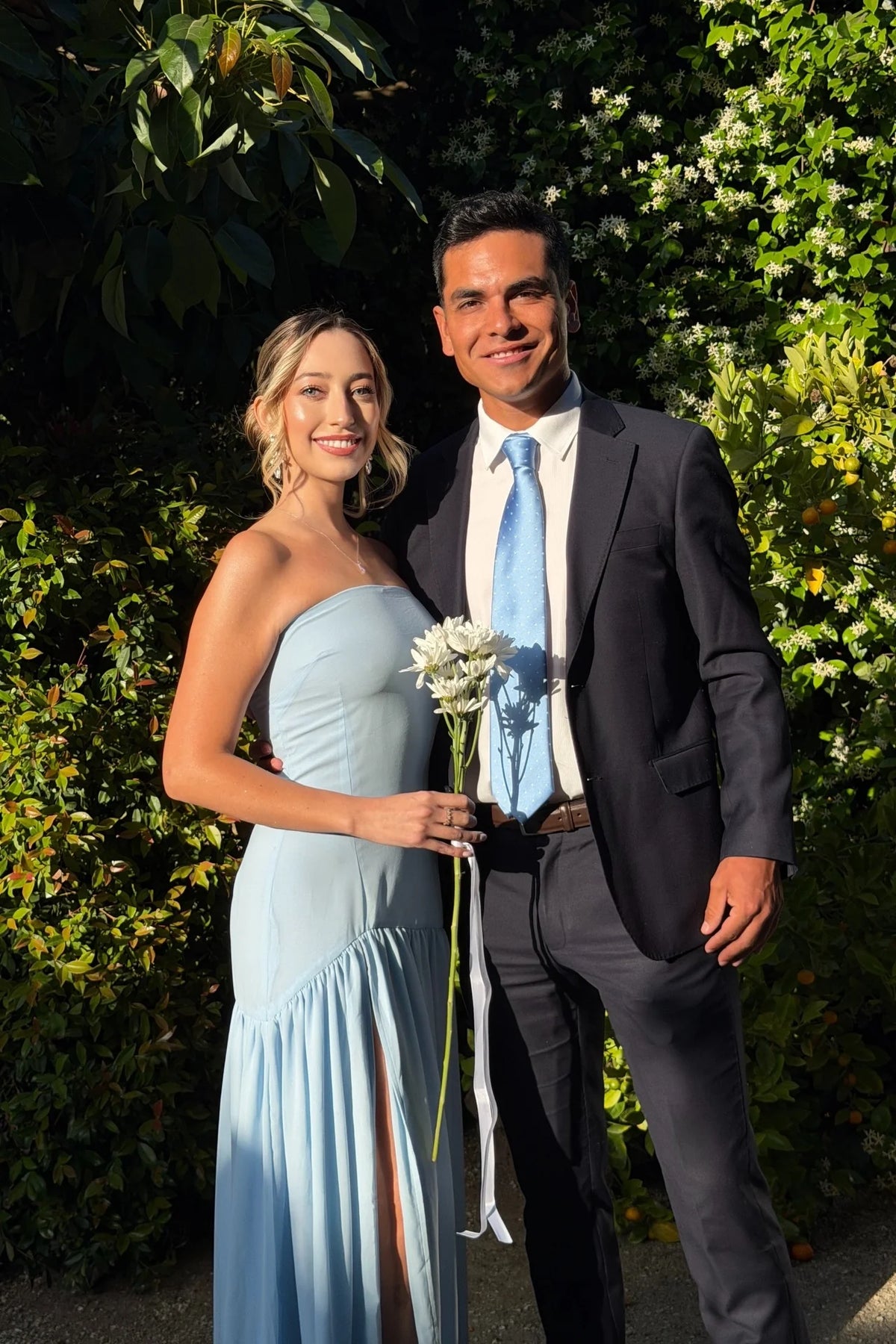 Sky Blue Crepe A-Line Floor-Length Bridesmaid Dress with Asymmetrical Hem & High Slit