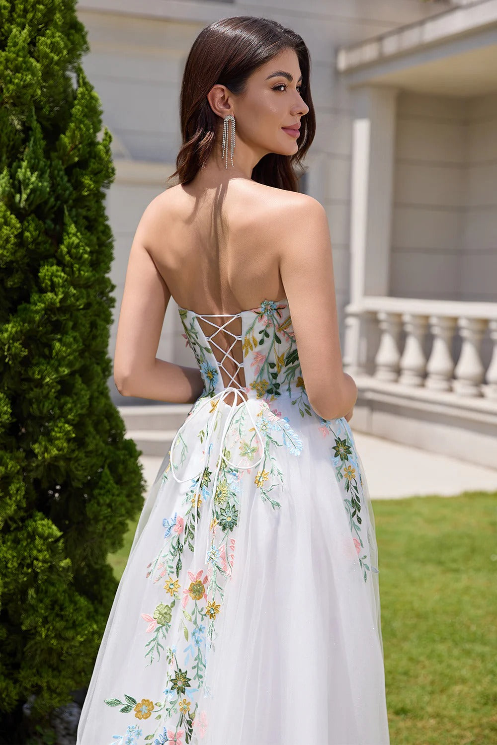Strapless Floral Embroidered Tulle Gown with Thigh-High Slit
