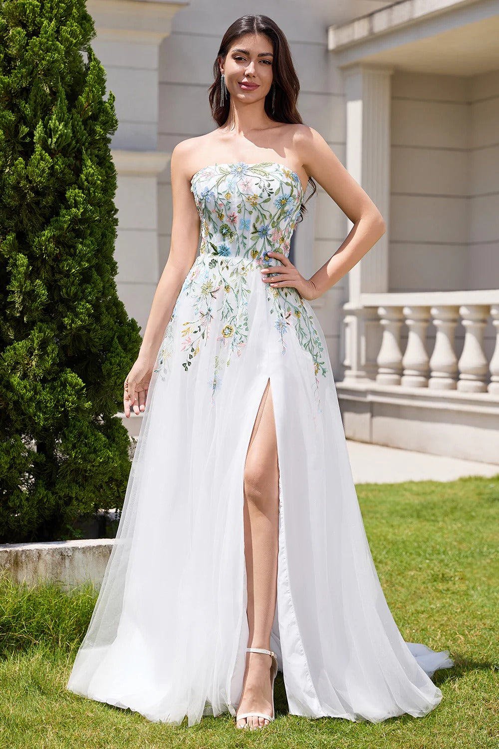 Strapless Floral Embroidered Tulle Gown with Thigh-High Slit