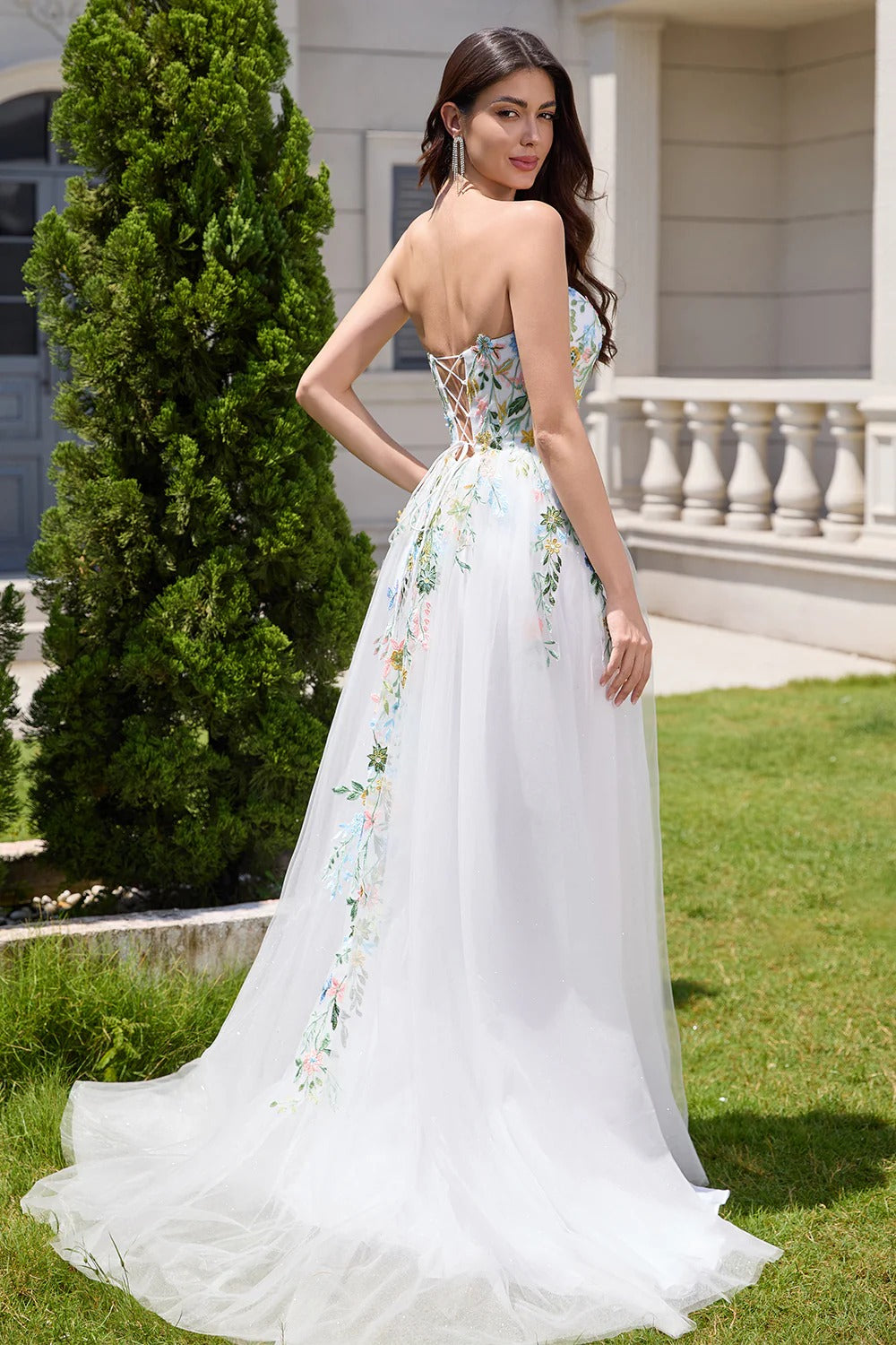 Strapless Floral Embroidered Tulle Gown with Thigh-High Slit