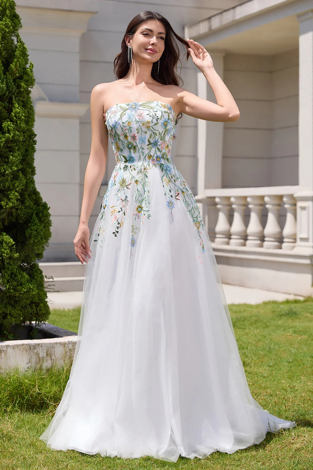 Strapless Floral Embroidered Tulle Gown with Thigh-High Slit
