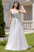 Ivory Tulle A-Line Sweetheart Floor-Length Evening Dress with Floral Embroidery
