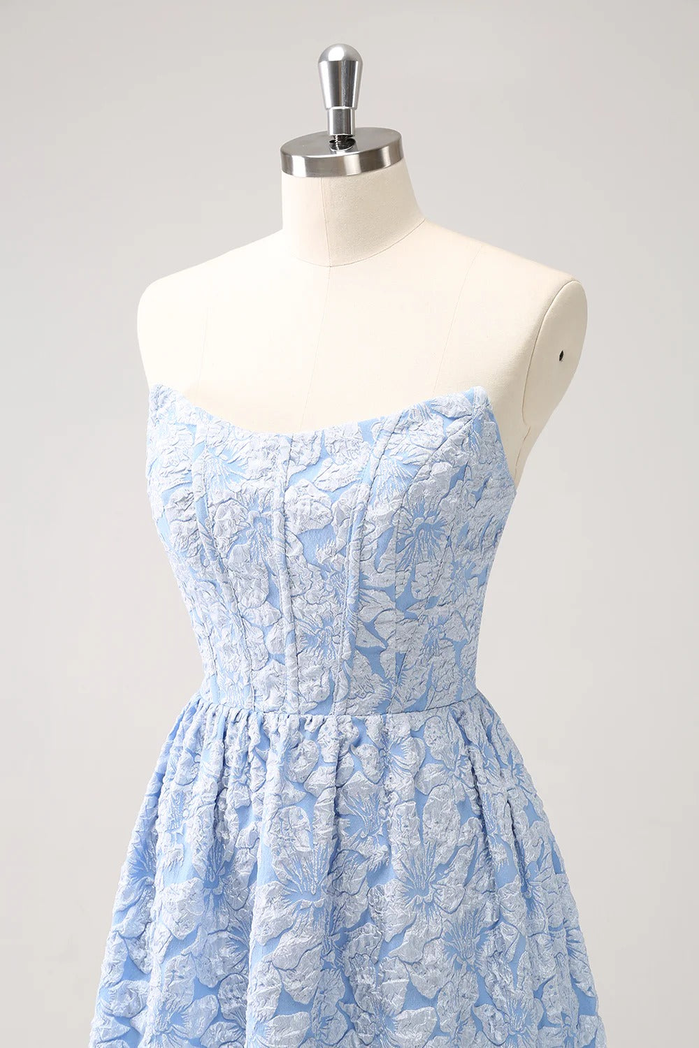 Strapless Light Blue Floral Jacquard Gown with High-Low Ruffled Hem