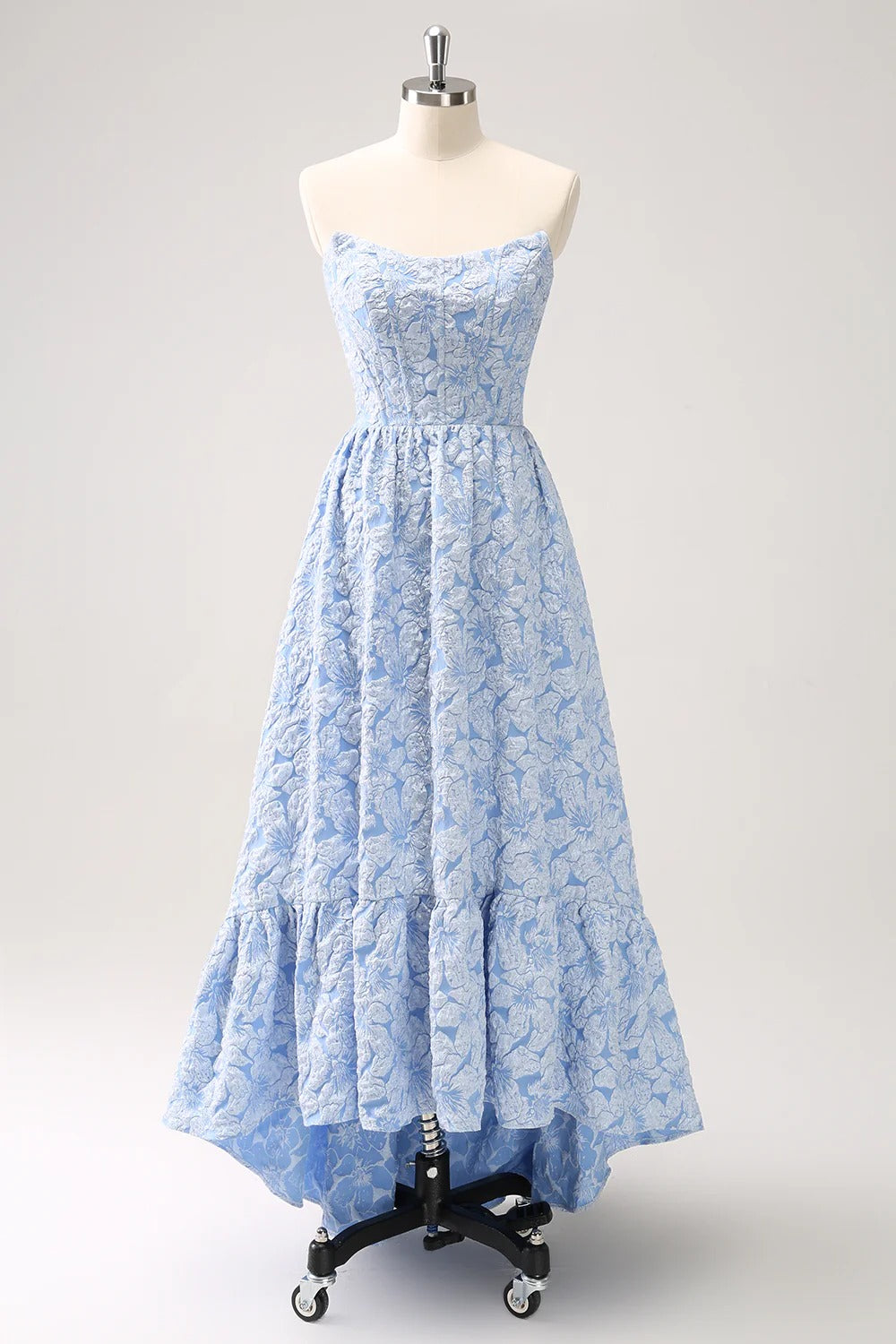 Strapless Light Blue Floral Jacquard Gown with High-Low Ruffled Hem