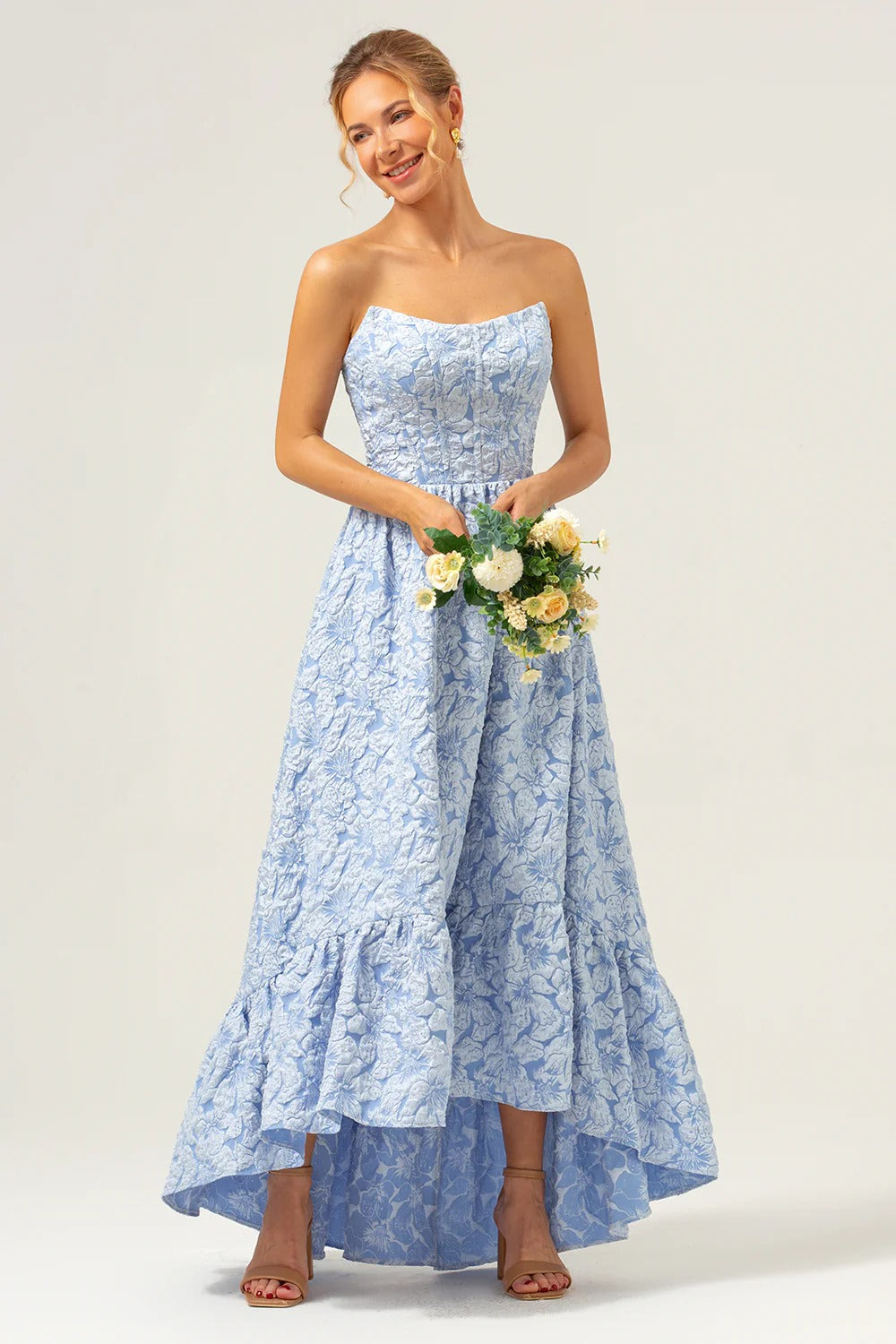 Strapless Light Blue Floral Jacquard Gown with High-Low Ruffled Hem
