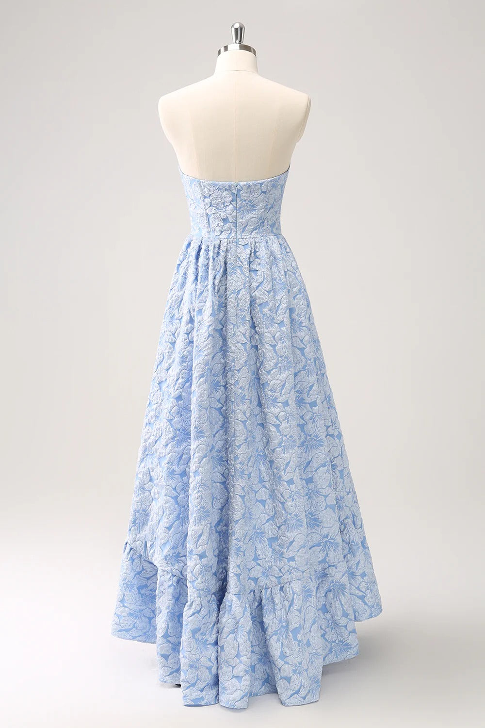 Strapless Light Blue Floral Jacquard Gown with High-Low Ruffled Hem