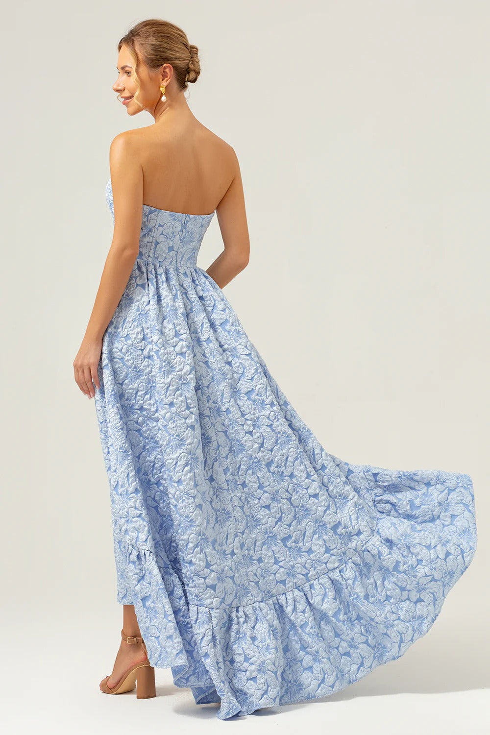 Strapless Light Blue Floral Jacquard Gown with High-Low Ruffled Hem