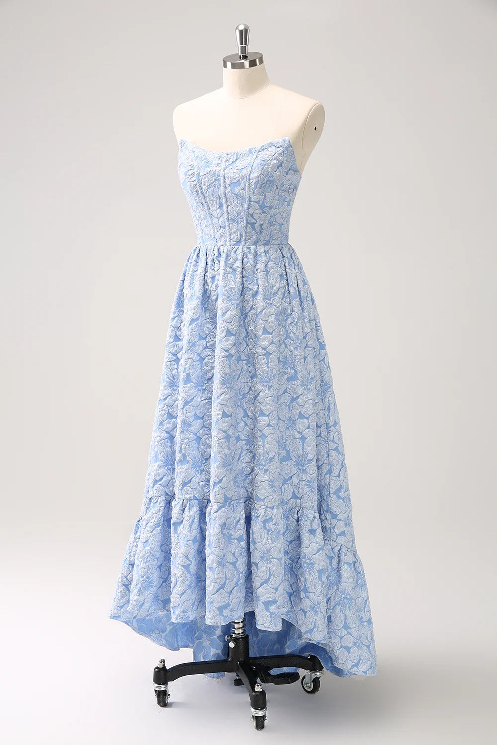 Strapless Light Blue Floral Jacquard Gown with High-Low Ruffled Hem