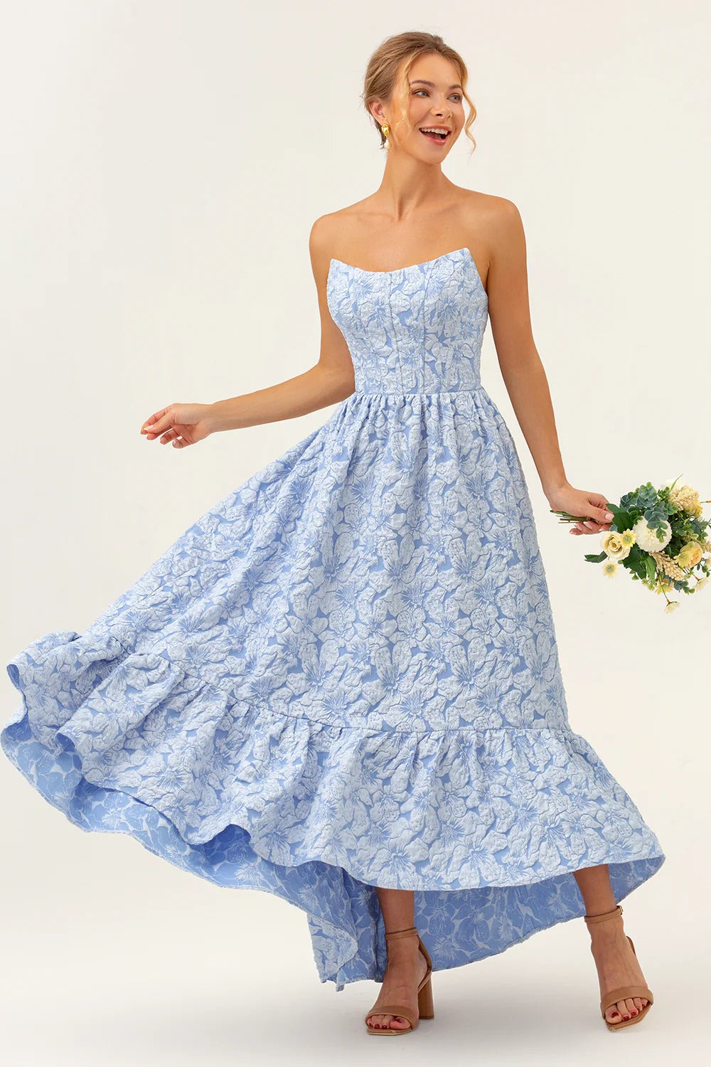 Strapless Light Blue Floral Jacquard Gown with High-Low Ruffled Hem