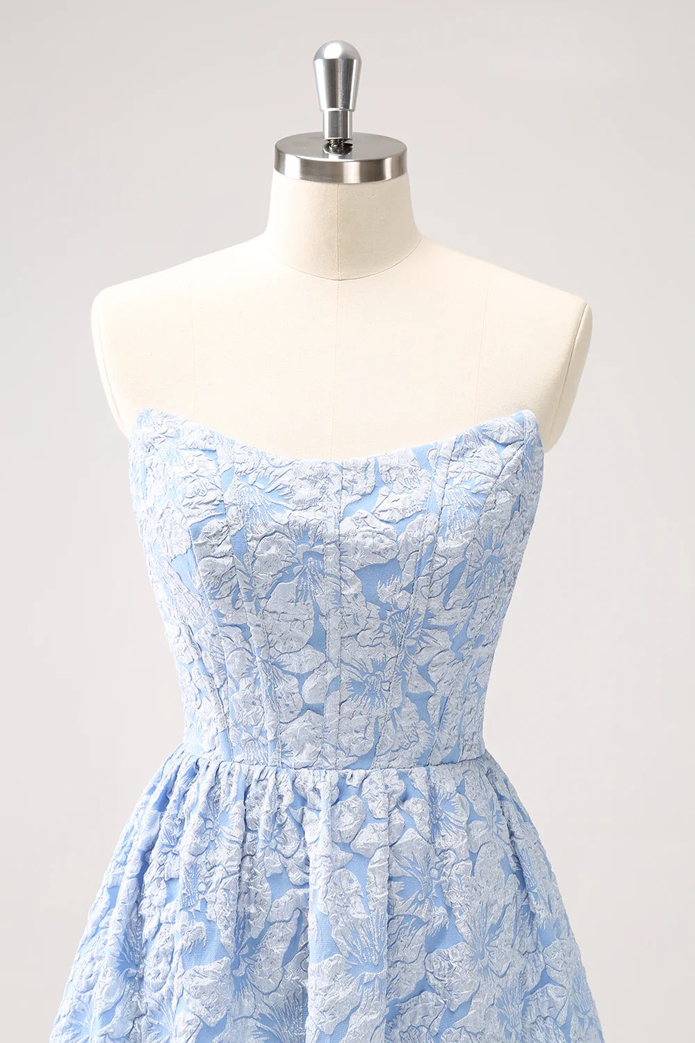 Strapless Light Blue Floral Jacquard Gown with High-Low Ruffled Hem