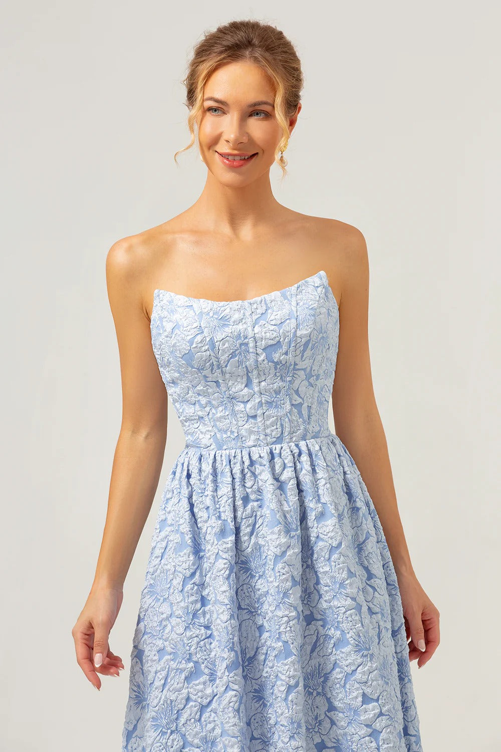 Strapless Light Blue Floral Jacquard Gown with High-Low Ruffled Hem