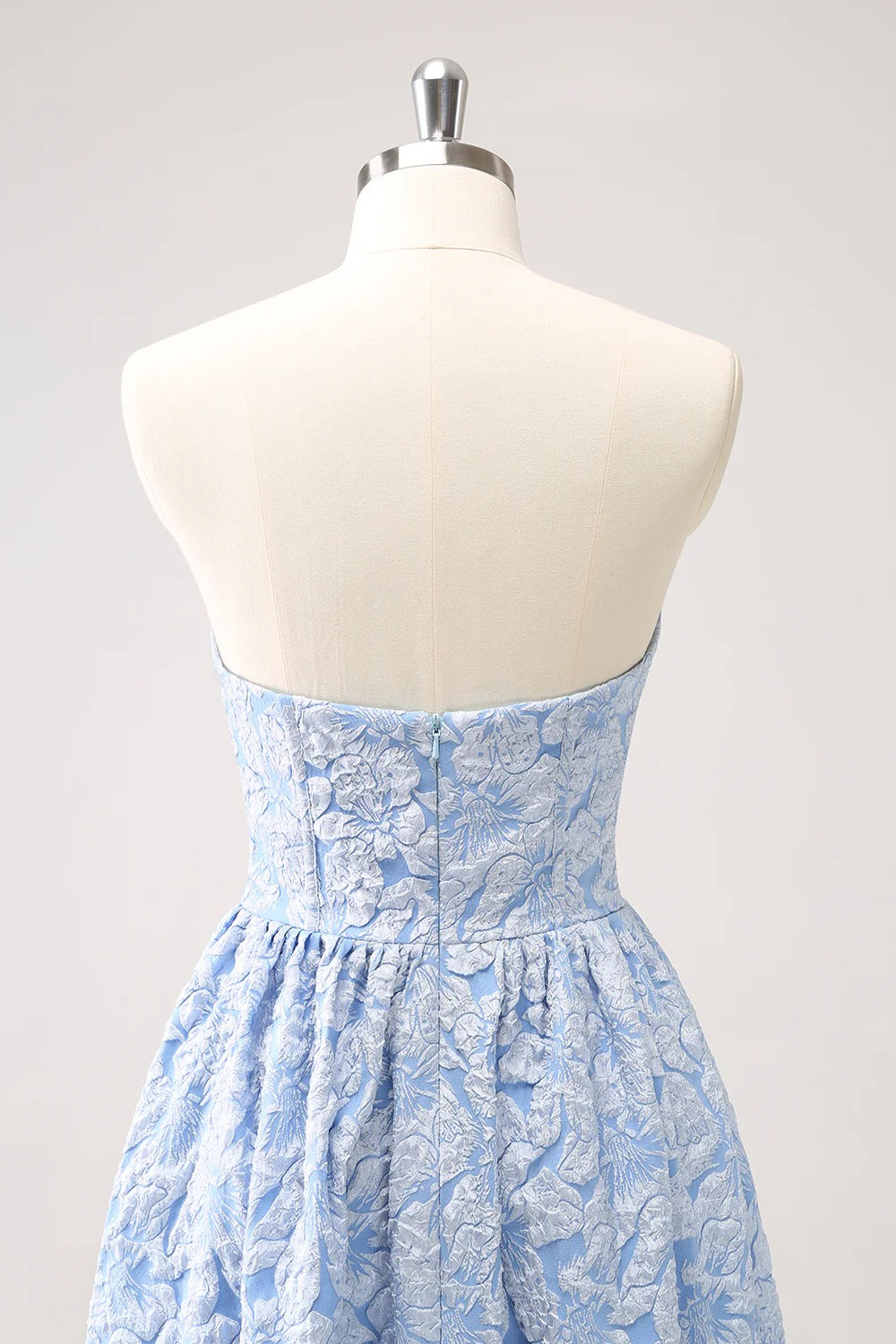Strapless Light Blue Floral Jacquard Gown with High-Low Ruffled Hem