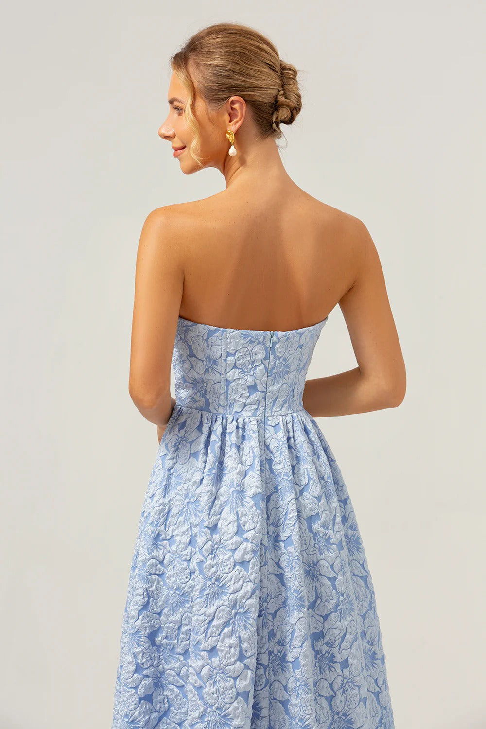 Strapless Light Blue Floral Jacquard Gown with High-Low Ruffled Hem