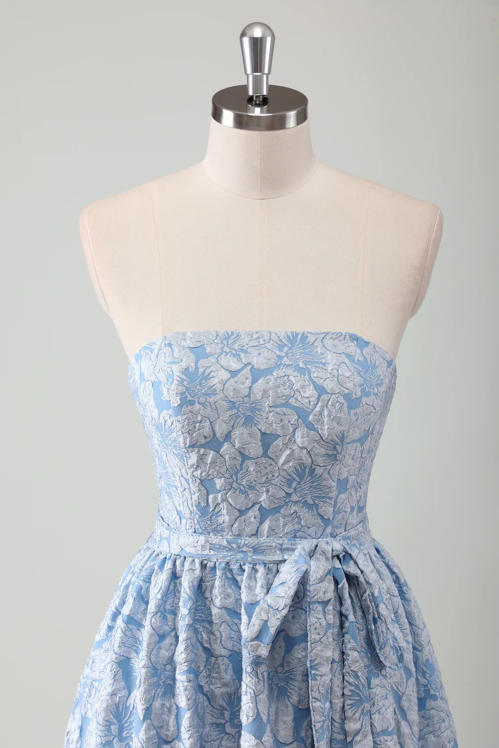 Strapless Light Blue Floral Jacquard Maxi Dress with Tiered Ruffle Hem