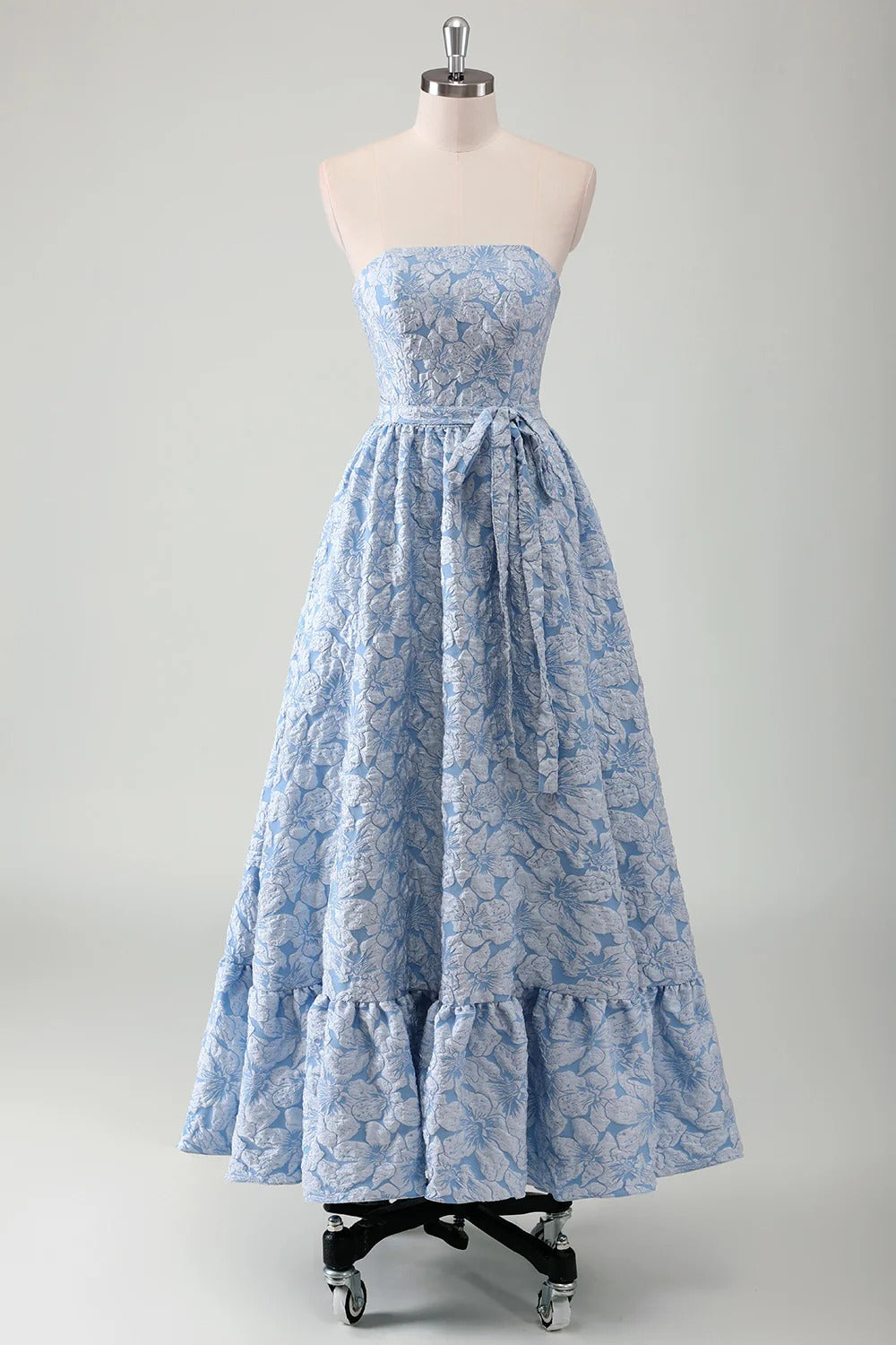 Strapless Light Blue Floral Jacquard Maxi Dress with Tiered Ruffle Hem