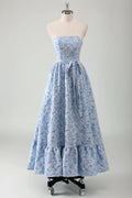 Sky Blue Satin A-Line Tea-Length Dress with Straight Neck, Strapless Bodice & Back Zip