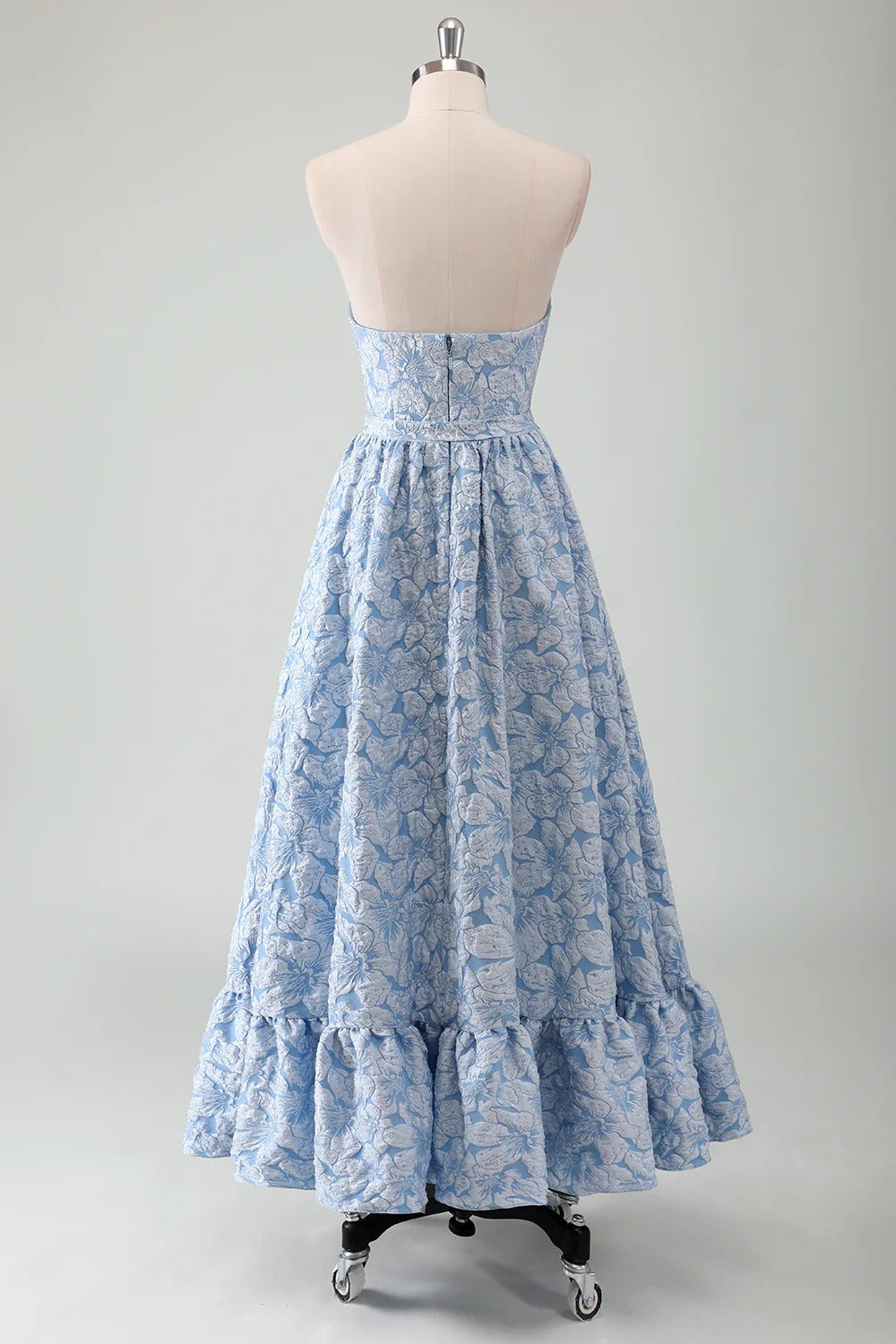 Strapless Light Blue Floral Jacquard Maxi Dress with Tiered Ruffle Hem
