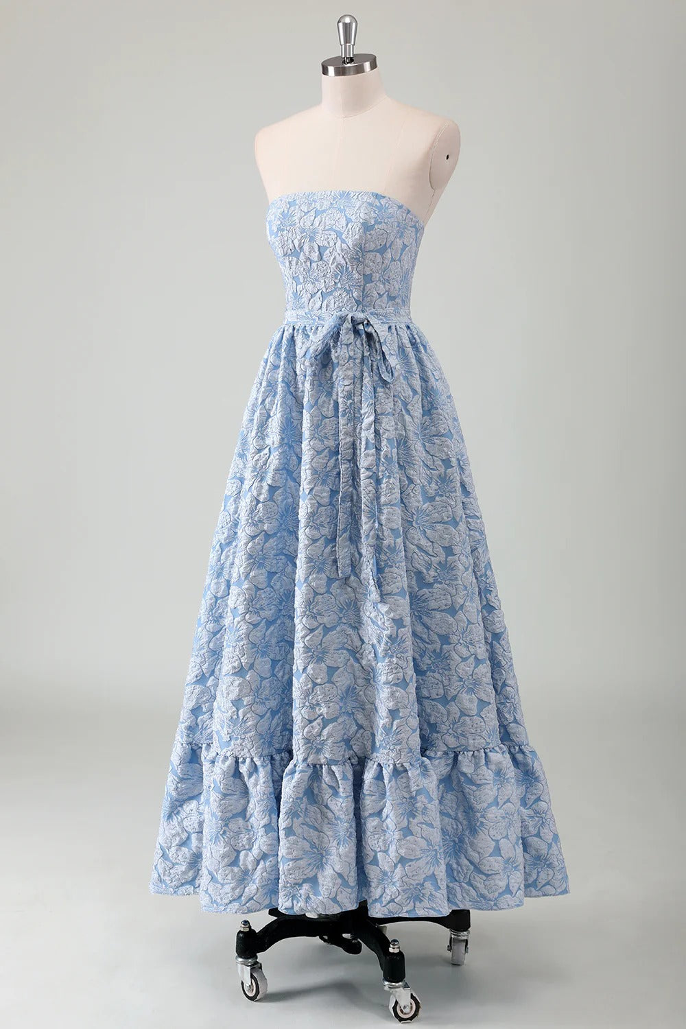 Strapless Light Blue Floral Jacquard Maxi Dress with Tiered Ruffle Hem