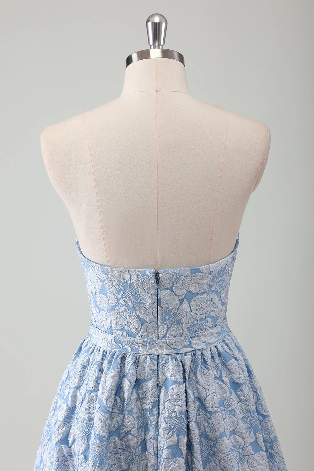 Strapless Light Blue Floral Jacquard Maxi Dress with Tiered Ruffle Hem