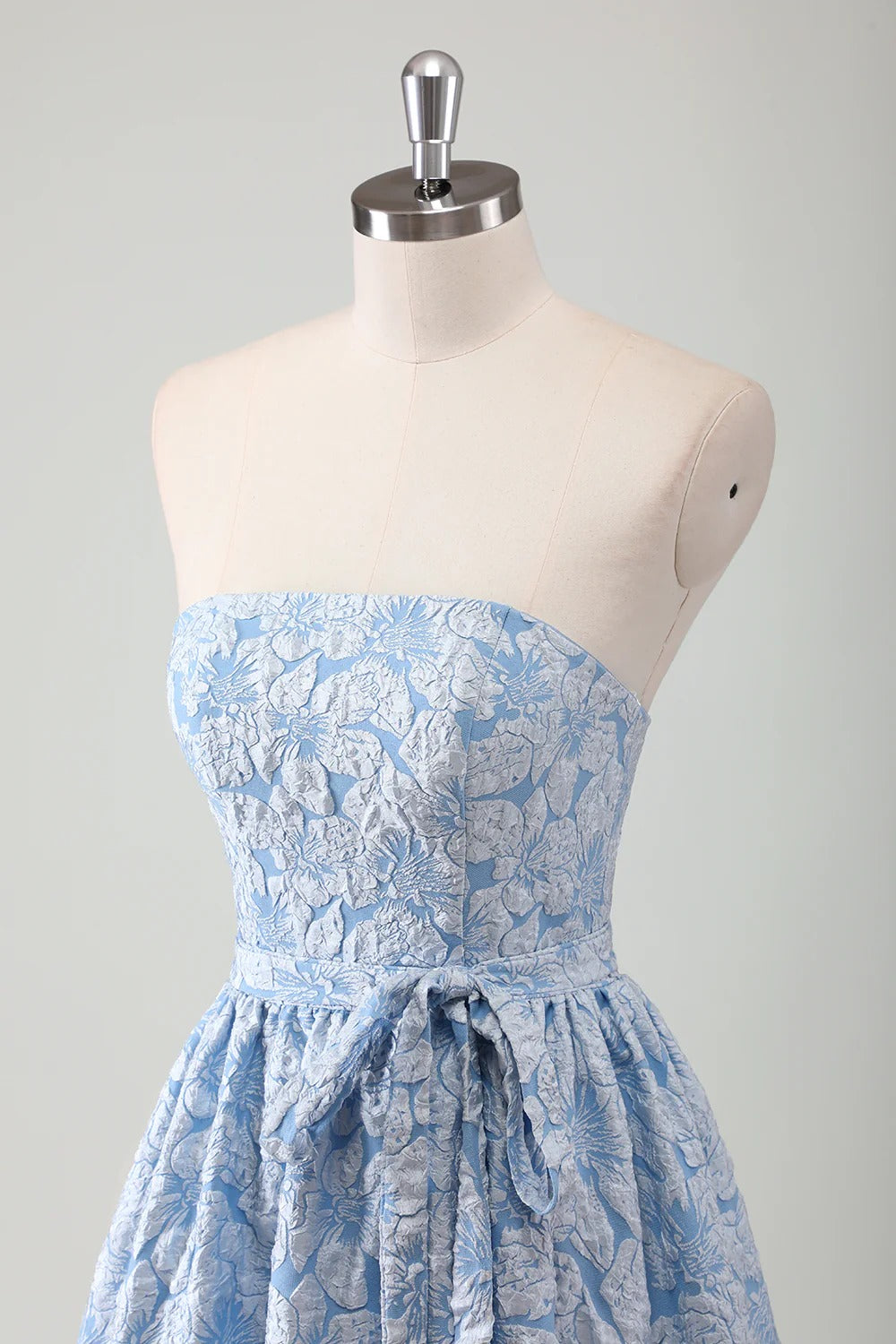 Strapless Light Blue Floral Jacquard Maxi Dress with Tiered Ruffle Hem