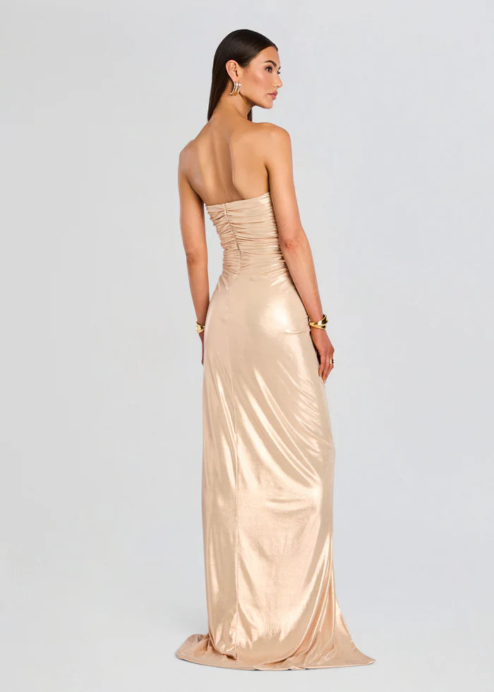 Strapless Metallic Satin Prom Dresses with Ruched Bodice, Twist Detail, High Slit and Train Formal Gown